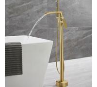 BiaoTeng Freestanding Taps for Bath Hot and Cold Single Handle Brass Floor Standing Waterfall Bath Taps Brushed Gold