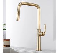 BiaoTeng Kitchen Mixer Taps 1 Hole Pull Out Spray 2 Mode Hot and Cold Taps for Kitchen Sink Brass Single Handle Brushed Gold