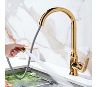 BiaoTeng Kitchen Mixer Taps 1 Hole Pull Out Spray 360 Swivel 2 Mode Hot and Cold Kitchen Sink Taps Mixer One Hole Single Handle Brass Gold