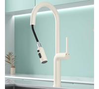 BiaoTeng Kitchen Sink Mixer Tap One Hole 2 Mode Hot and Cold Kitchen Sink Taps with Pull Out Spray Brass Milk White