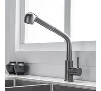 BiaoTeng Kitchen Sink Mixer Tap One Hole 2 Mode Hot and Cold Sink Taps for Kitchen with Pull Out Spray Single Handle Brass Grey