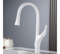 BiaoTeng Kitchen Sink Taps Mixer with Pull Out Spray 2 Mode Hot and Cold Kitchen Mixer Tap 1 Hole Brass Single Handle White