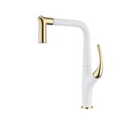 BiaoTeng Kitchen Sink Taps Mixer with Pull Out Spray 2 Mode Hot and Cold Kitchen Sink Mixer Tap One Hole Single Handle Brass White + Gold
