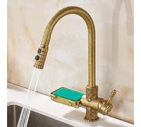 BiaoTeng One Hole Brass Kitchen Mixer Tap 2 Mode 360 Swivel Hot and Cold Kitchen Faucet Pull Out Spray Single Handle Antique