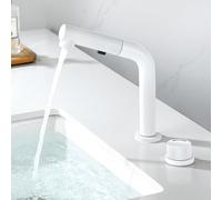 BiaoTeng Pull Out Bathroom Mixer Basin Tap 2 Function Sprayer Hot and Cold Brass Bathroom Basin Mixer Taps 2 Hole White
