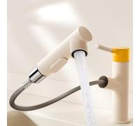 BiaoTeng Pull Out Bathroom Mixer Basin Tap 3 Functions Hot and Cold Taps for Bathroom Basin Brass Single Hole Milk White + Yellow