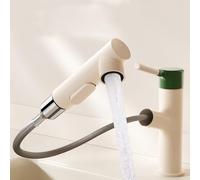 BiaoTeng Pull Out Bathroom Mixer Basin Tap 3 Functions Hot and Cold Taps for Bathroom Basin Brass Single Hole Milk White + Green
