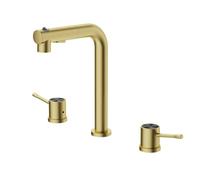 BiaoTeng Pull Out Bathroom Tap Modern 3 Modes 360 Swivel Hot and Cold Brass 3 Hole Basin Mixer Tap Dual Handle Brushed Gold