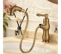 BiaoTeng Retro Pull Out Bathroom Mixer Basin Tap 1 Hole Hot and Cold Antique Brass Mixer Taps for Bathroom Basin