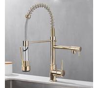 BiaoTeng Spring Kitchen Sink Mixer Tap Hot and Cold Single Handle Double Water Outlet Dual Spout Kitchen Taps with Pull Out Spray Gold