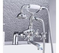 BiaoTeng Vintage Chrome Bath Taps with Shower Attachment Set, Dual Cross Lever Hot and Cold Brass Two Hole Bath Mixer Tap