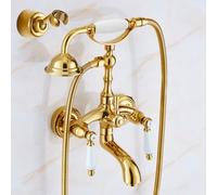BiaoTeng Wall Mounted Bath Mixer Tap Shower Head and Hose Set Replacement Double Handle 360° Swivel Bathtub Filler Hot and Cold Brass Bath Shower Mixer Tap Set 150mm Gold