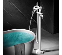 BiaoTeng White Floor Standing Bath Taps with 360 Rotatable Hot and Cold Brass Waterfall Bath Tap with Handheld Shower Single Handle