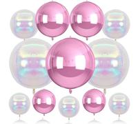 Biapian 12Pcs Pink and Iridescent Round Balloons Foil, 22" 18" 15" 10" 4D Round Shaped Ball Balloon, Large Pink Bubble Balloons for Wedding Prom Bridal Baby Shower Birthday Party Decorations Backdrop