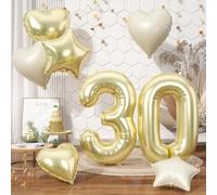 Biapian 40 Inch 30 Balloon Number, Giant Light Gold 30 Balloon with Champagne Gold Cream Beige Heart Star Balloons Foil for Women Men 30th Birthday Party Baby Shower Anniversary Party Decorations