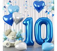 Biapian 40 Inch Blue Number 10 Balloons, Large Foil Number 1 & 0 Balloons with 18'' Blue Silver Heart Shape Balloon for 10th Year Old Birthday Decorations Boys Girls Baby Shower Party Supplies