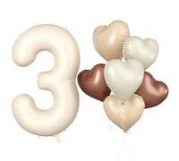 Biapian 40 Inch Cream White Number 3 Balloons, Beige White Large Number 3 Balloons with 18'' Cream Foil Heart Balloons Helium for Boys Girls 3rd Birthday Decorations Baby Shower Party Supplies