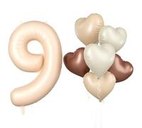 Biapian 40 Inch Light Brown Number 9 Balloons, Apricot Large Number 8 Balloon with 18'' Retro Foil Heart Balloons Helium for Neutral Boys Girls 8th Birthday Decorations Baby Shower Party Supplies