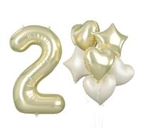 Biapian 40 Inch Number 2 Balloons, Big Light Gold 2 Balloon with 18 Inch Champagne Gold Cream Beige Foil Star Heart Balloons for Boys Girls 2nd Birthday Party Anniversary Baby Shower Party Decorations