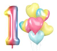 Biapian 40 Inch Rainbow Number 1 Balloons, Large Gradient Number One Balloon with Pink Blue Yellow Foil Heart Balloons for 1st Birthday Decorations First One Year Girls Baby Shower Party Decor