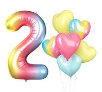 Biapian 40 Inch Rainbow Number 2 Balloons, Gradient Large 2nd Birthday Balloons with 18'' Foil Heart Balloon Helium for 2nd Year Old Birthday Decorations Girls Princess Baby Shower Party Decor