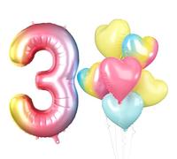 Biapian 40 Inch Rainbow Number 3 Balloons, Large Gradient Number 3 Birthday Balloon with Pink Blue Yellow Foil Heart Shape Balloons for 3rd Birthday Decorations Party Supplies