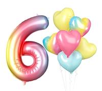 Biapian 40 Inch Rainbow Number 6 Balloons, Gradient Large 6th Birthday Balloons with 18'' Foil Heart Balloon Helium for 6th Year Old Birthday Decorations Girls Princess Baby Shower Party Decor