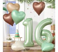 Biapian 40 Inch Sage Green Number 16 Balloons, Large Foil Number 1 & 6 Balloons with 18'' Cream Brown Heart Balloons for 16th Year Old Birthday Decorations Boys Girls Baby Shower Jungle Party Supplies