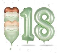 Biapian 40 Inch Sage Green Number 18 Balloons, Large Foil Number 1 & 8 Balloons with 18'' Cream Brown Heart Balloons for 18th Year Old Birthday Decorations Boys Girls Baby Shower Jungle Party Supplies