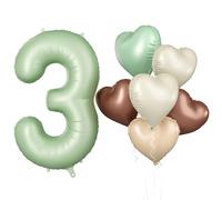 Biapian 40 Inch Sage Green Number 3 Balloons, Gaint Number 3 Balloon with 18'' Retro Foil Heart Balloons Helium for Neutral Boys Girls 3rd Birthday Decorations Baby Shower Jungle Party Supplies