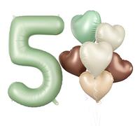 Biapian 40 Inch Sage Green Number 5 Balloons, Gaint Number 5 Balloon with 18'' Retro Foil Heart Balloons Helium for Neutral Boys Girls 5th Birthday Decorations Baby Shower Jungle Party Supplies