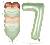 Biapian 40 Inch Sage Green Number 7 Balloons, Gaint Number 7 Balloon with 18'' Retro Foil Heart Balloons Helium for Neutral Boys Girls 7th Birthday Decorations Baby Shower Jungle Party Supplies