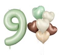 Biapian 40 Inch Sage Green Number 9 Balloons, Gaint Number 9 Balloon with 18'' Retro Foil Heart Balloons Helium for Neutral Boys Girls 9th Birthday Decorations Baby Shower Jungle Party Supplies
