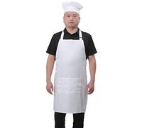 Bib Aprons Set for Women and Men, Kitchen Chef Apron with 2 Pockets and 40" Long Ties, Plus Size Adjustable Apron and Hat for Cooking - 32" x 28" - White