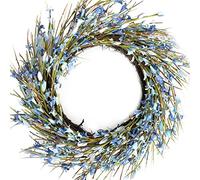 Bibelot 18inch Artificial Forsythia Flower Wreath, All Year Around Wreath for Front Door, Wedding Window Home Wall Indoor Front Door Decor (Blue, 18in)