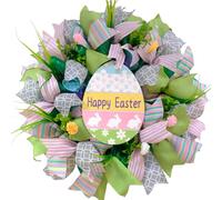 Bibelot 20 Inch Easter Mesh Wreath for Front Door, Artificial Easter Bunny Wreath with Ribbons Mesh, Pink Green Spring Wreath for Home Wall Window Farmhouse Decor