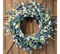 Bibelot 20 Inch Spring Wreath Blue with Green Leaves Daisy Artificial Grains White Flower for Front Door Wreath,Farmhouse Decor Indoor&Outdoor Wedding Wall Home