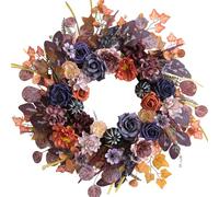 Bibelot 24inch Fall Wreaths for Front Door, Autumn Wreath with Purple Rose Orange Peony Eucalyptus Leaves, Farmhouse Wreaths for Thanksgiving Day Fall Holiday Decoration Indoor/Outdoor Home Wall Decor