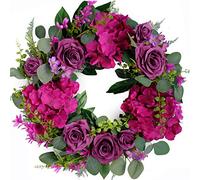 Bibelot Artificial Purple Rose Wreath 20 inches Front Door Wreath with Hydrangea Green Leaves Wreath Artificial Spring Wreath Valentines Mother's Day Wreath for Wall Wedding Party Home Decor (Purple)