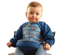 Bibetta Ultrabib - Weaning bib with sleeves (Blue Foxes) | Premium Neoprene, Waterproof, Wide Crumb Catcher Pocket, Roll Up and Machine Washable