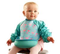 Bibetta Ultrabib - Weaning bib with sleeves (Flamingos) | Premium Neoprene, Waterproof, Wide Crumb Catcher Pocket, Roll Up and Machine Washable