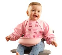 Bibetta Ultrabib - Weaning bib with sleeves (Pink Hippos) | Premium Neoprene, Waterproof, Wide Crumb Catcher Pocket, Roll Up and Machine Washable