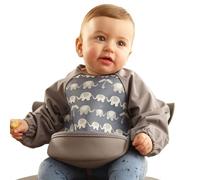 Bibetta Ultrabib - Weaning bib with sleeves - Premium Neoprene for Comfort - Waterproof Baby bibs with Crumb Catcher Pocket for Feeding Toddler & Babies - Roll Up and Machine Washable (Grey Elephants)