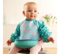 Bibetta Ultrabib - Weaning bib with sleeves - Premium Neoprene for Comfort - Waterproof Baby bibs with Crumb Catcher Pocket for Feeding Toddler & Babies - Roll Up and Machine Washable (Flamingos)