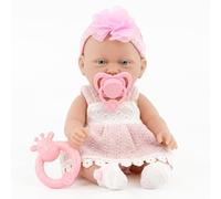 BiBi Doll 10" Bathable Baby Girl Doll - Realistic Weighted Vinyl Body with Pink Knitted Dress, Rattle & Dummy - Small Toy for Girls & Boys 18 Months+