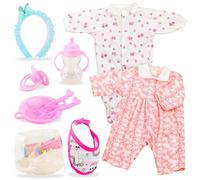 Bibi Doll 10 Piece Baby Doll Clothes & Feeding Set - 2 Outfits for 16 to 18" Dolls, Plate, Utensils, Nappy, Bottle, Dummy - Baby Accessories & Role Play Toy for Girls & Boys, Ages 3 Years+