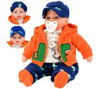 BiBi Doll 18" Baby Boy Doll with Dummy & Sounds - Lifelike, Soft Body, Dinosaur Theme Orange Hoodie Outfit, Realistic Toy for Girls & Boys Aged 18 Months+