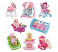 Bibi Doll 8-Piece Mini Baby Dolls Set, 5" Each - Tiny Pretend Play Toys & Small Accessories with Movable Joints, Stroller, Bathtub & More - Role Play Toys for Girls & Boys, Ages 3+