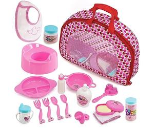 BiBi Doll Baby Doll Accessories Playset 18 Pcs with Carry Storage Bag - Includes Care & Feeding Set, Bottles, Dummy, Potty, Bib, Brush - Portable Nurturing Pretend Play Toy for Girls & Boys Aged 3+