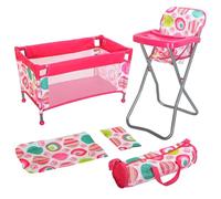 BiBi Baby Doll Travel Cot and Highchair With Feeding Tray - Foldable Playsets Bed and Accessories Set